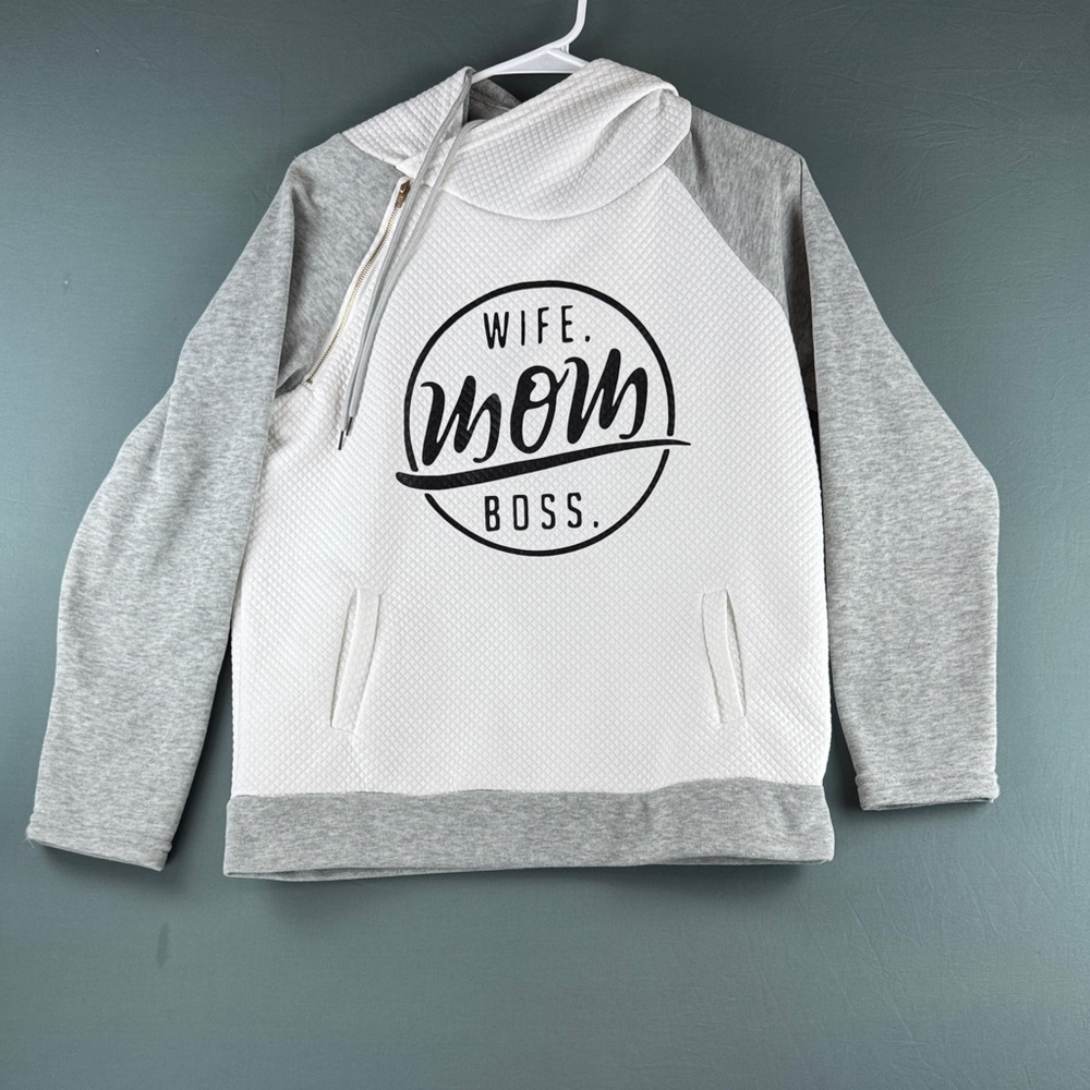 Wife Mom Boss Graphic Hoodie - White & Light Gray